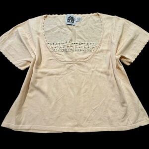 Vintage Storybook Knits “Elegant Lady” 2X Creamy 2-Pc SS Shirt Shawl Pearls Lace
